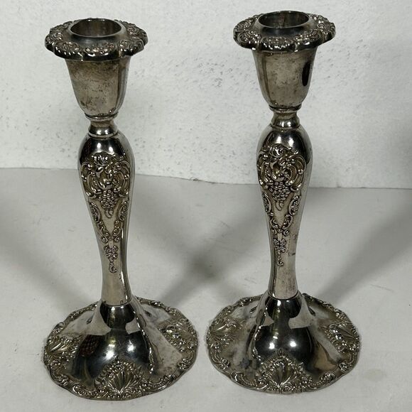 Vintage Godinger Silver Candlestick Holder Set of 2 Ornate Grape Victorian - Picture 6 of 9